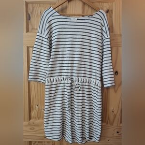LOFT Outlet Lounge Navy and White Striped 3/4 Sleeve Drawstring Dress Size Large